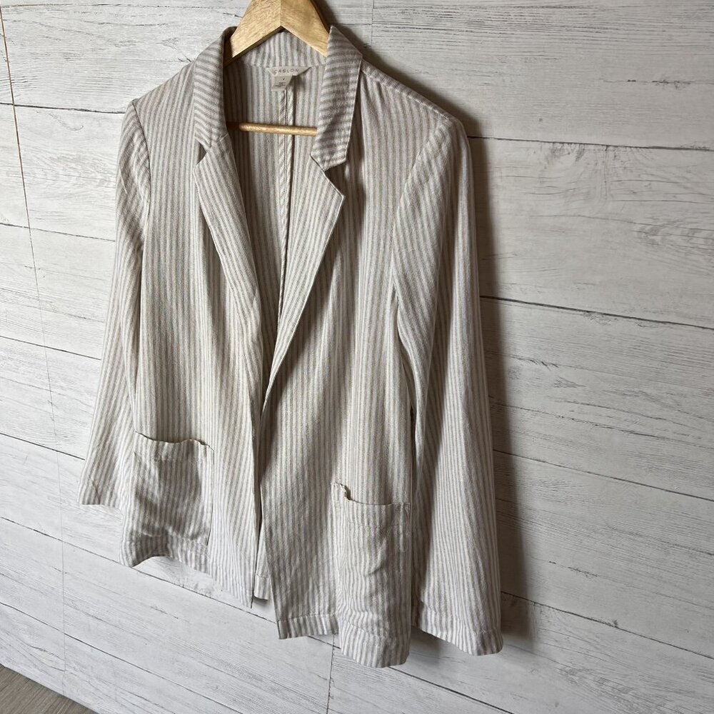 Caslon Blazer Womens SZ Small Tan & White Striped Open Front Linen Blend Coastal - Picture 5 of 16